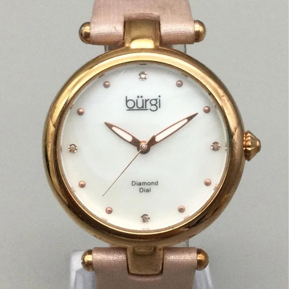 Burgi Womens Watch 35mm MOP Diamond Dial Rose Gold Tone Pink Leather New Battery